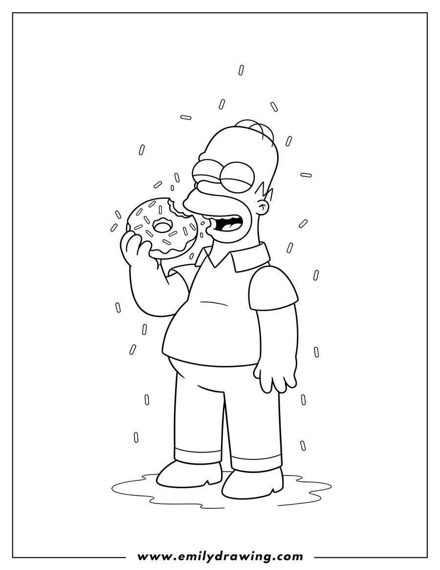 Free to print drawing of homer standing, eating a donut with sprinkles falling
