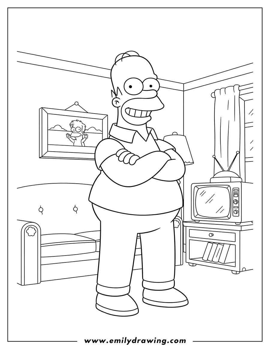 Coloring page of homer Simpson standing with arms crossed in living room cartoon