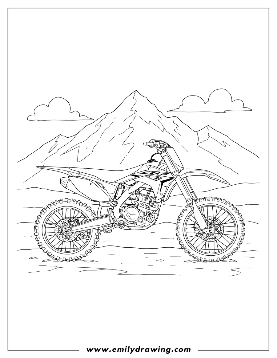 Doodle style coloring picture of honda Motocross Dirt Bike With Mountains Background, parked