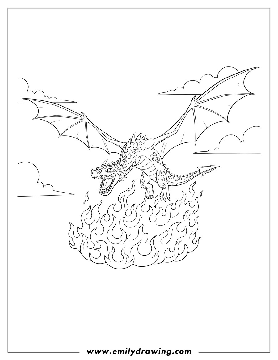 Free to print drawing of hookfang Flying Over Flames, wings spread, mouth open