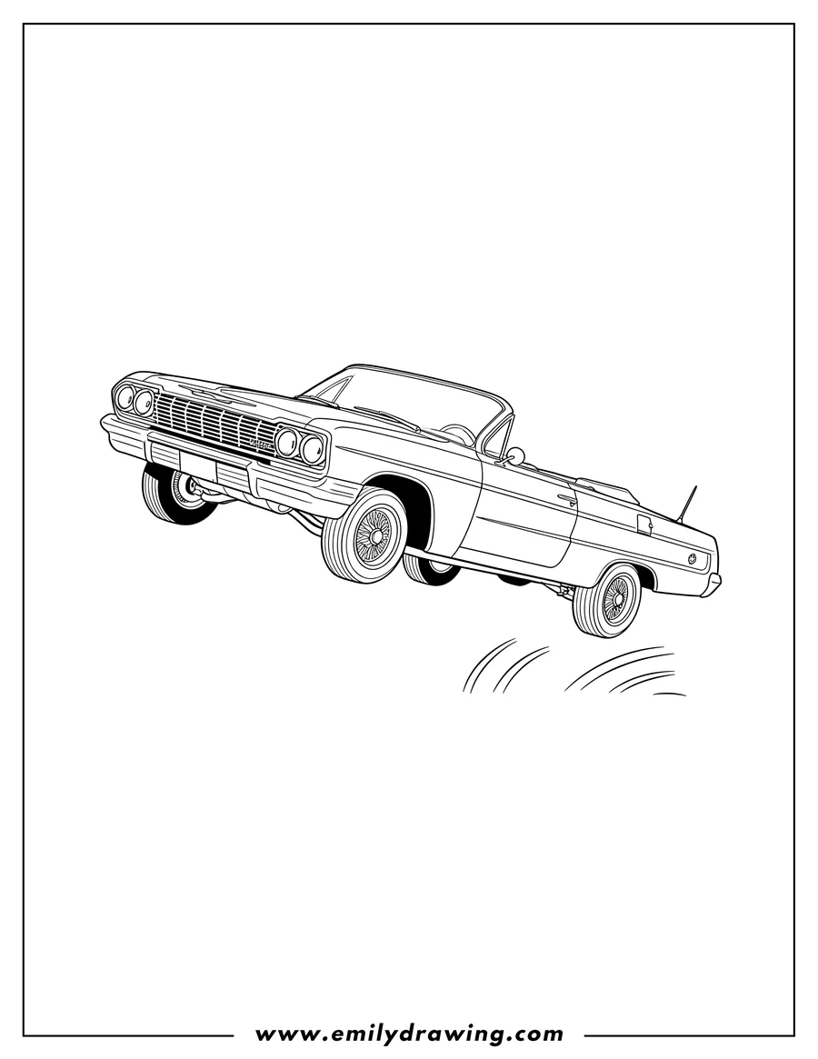 Coloring sheet featuring hopping convertible Impala lowrider mid-air, all wheels off the ground