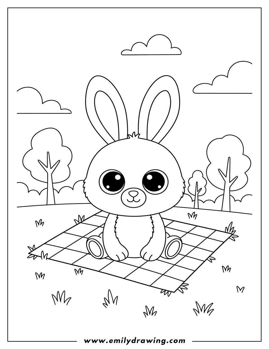 Black and white line art of beanie Boo bunny sitting on a striped mat in a park