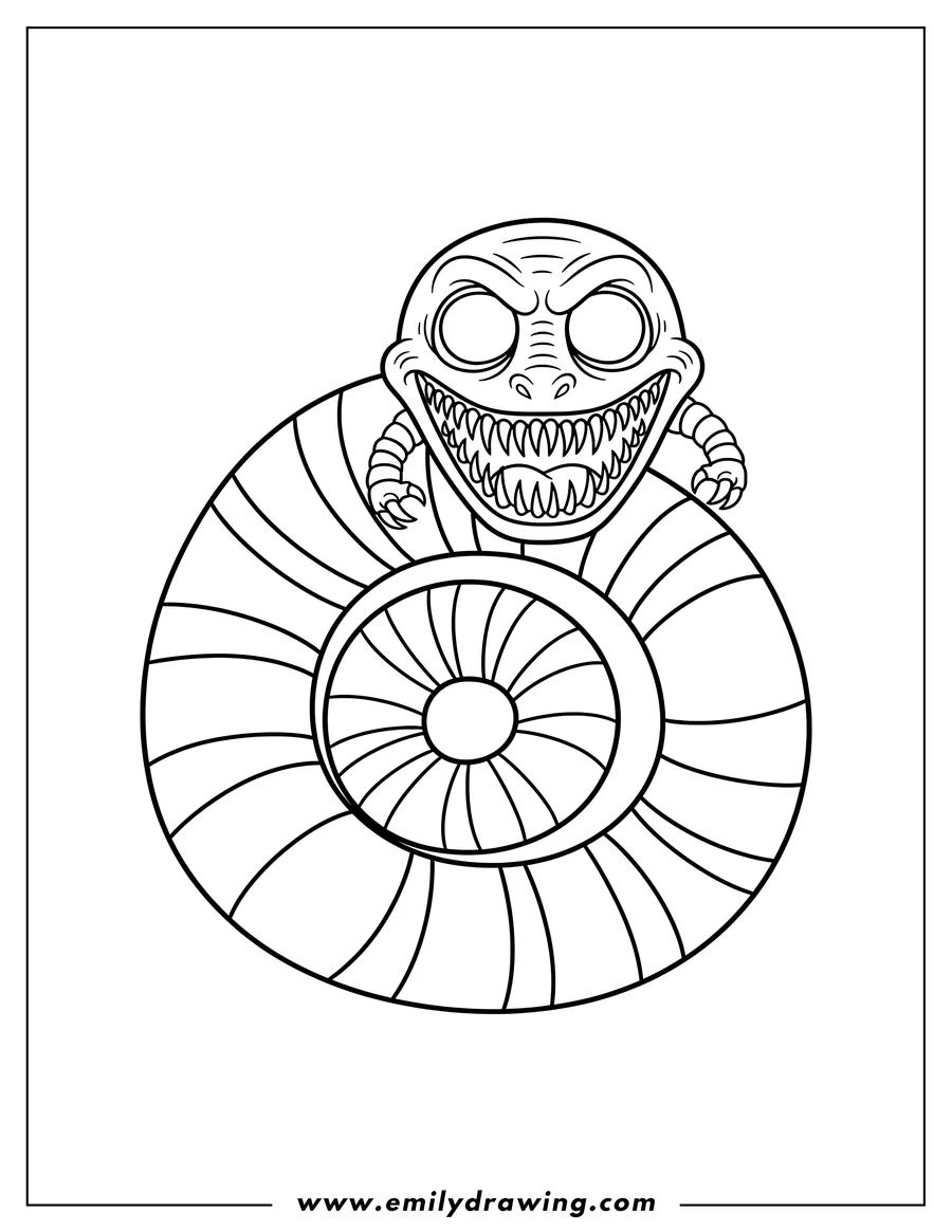 Free printable coloring sheet of horrifying Beetlejuice Snake, coiled with a grinning face