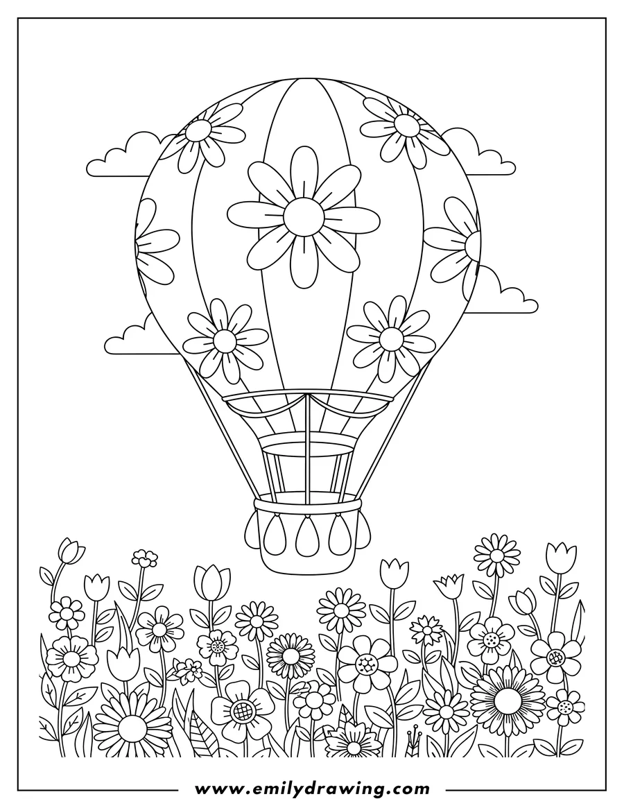 Free printable coloring sheet of hot Air Balloon with a large daisy design, floating above a flower field