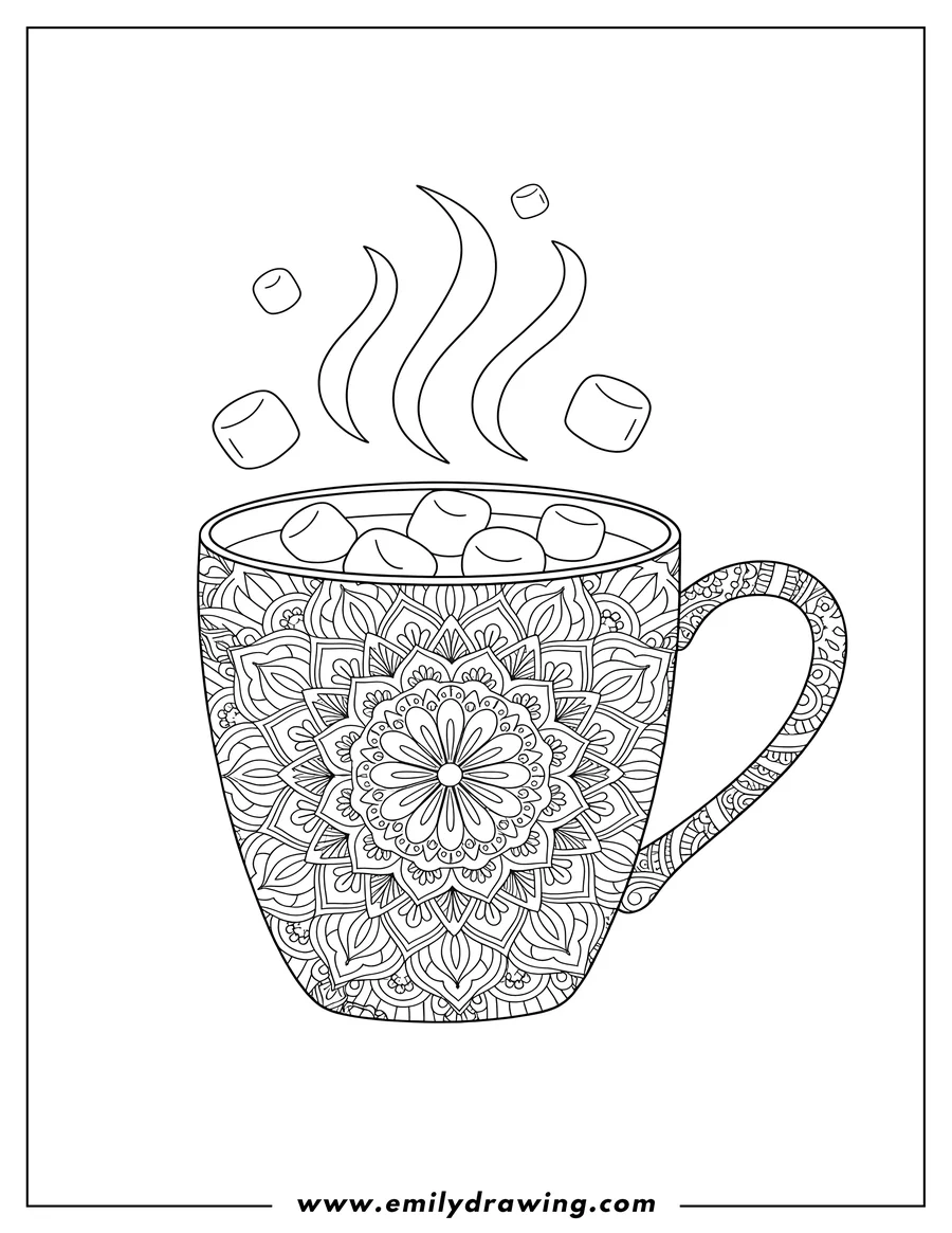 Doodle style coloring picture of hot Chocolate Front Intricate Mandala with steam and marshmallows
