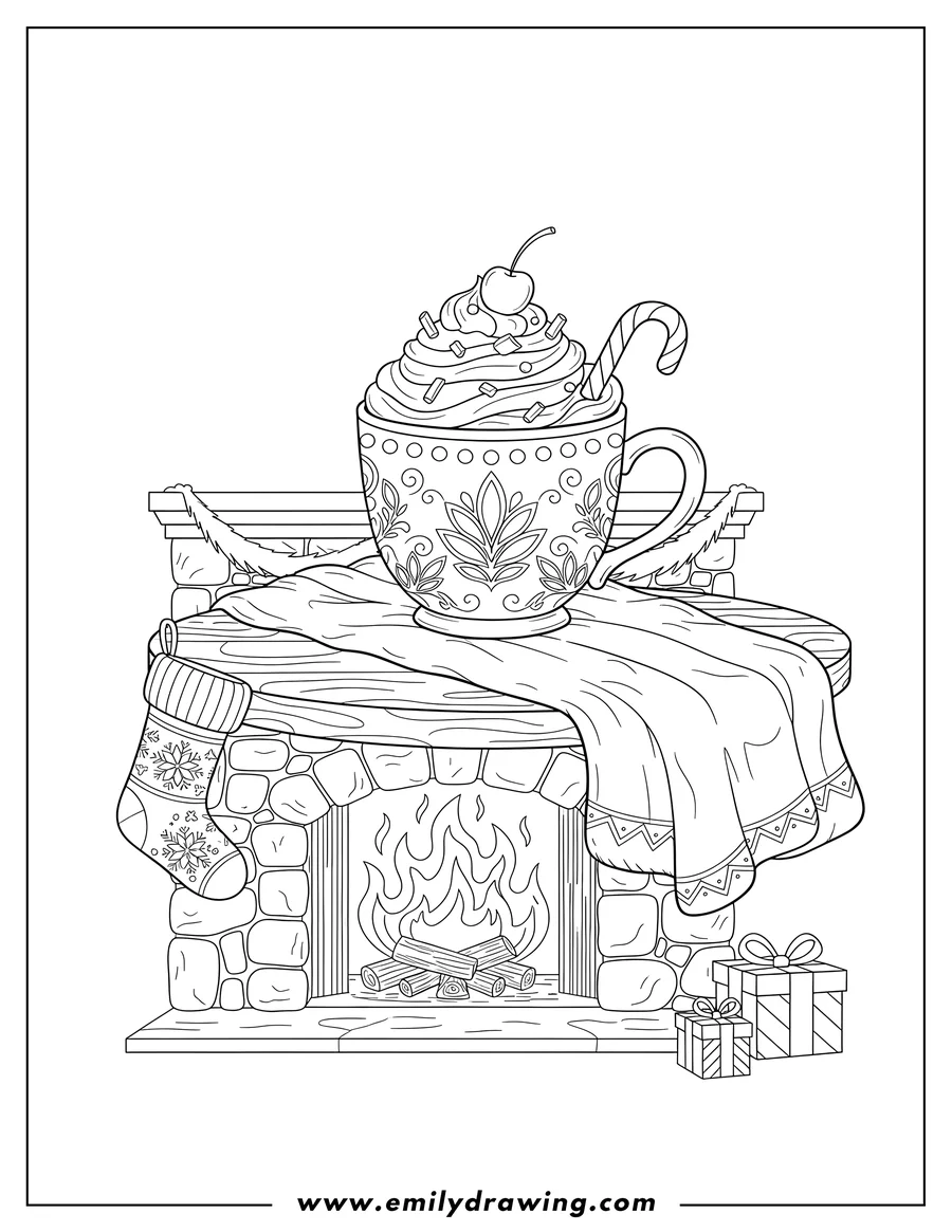 Full page coloring image of mug of hot chocolate with whipped cream and a blanket on a table in front of a fireplace decorated with a Christmas stocking