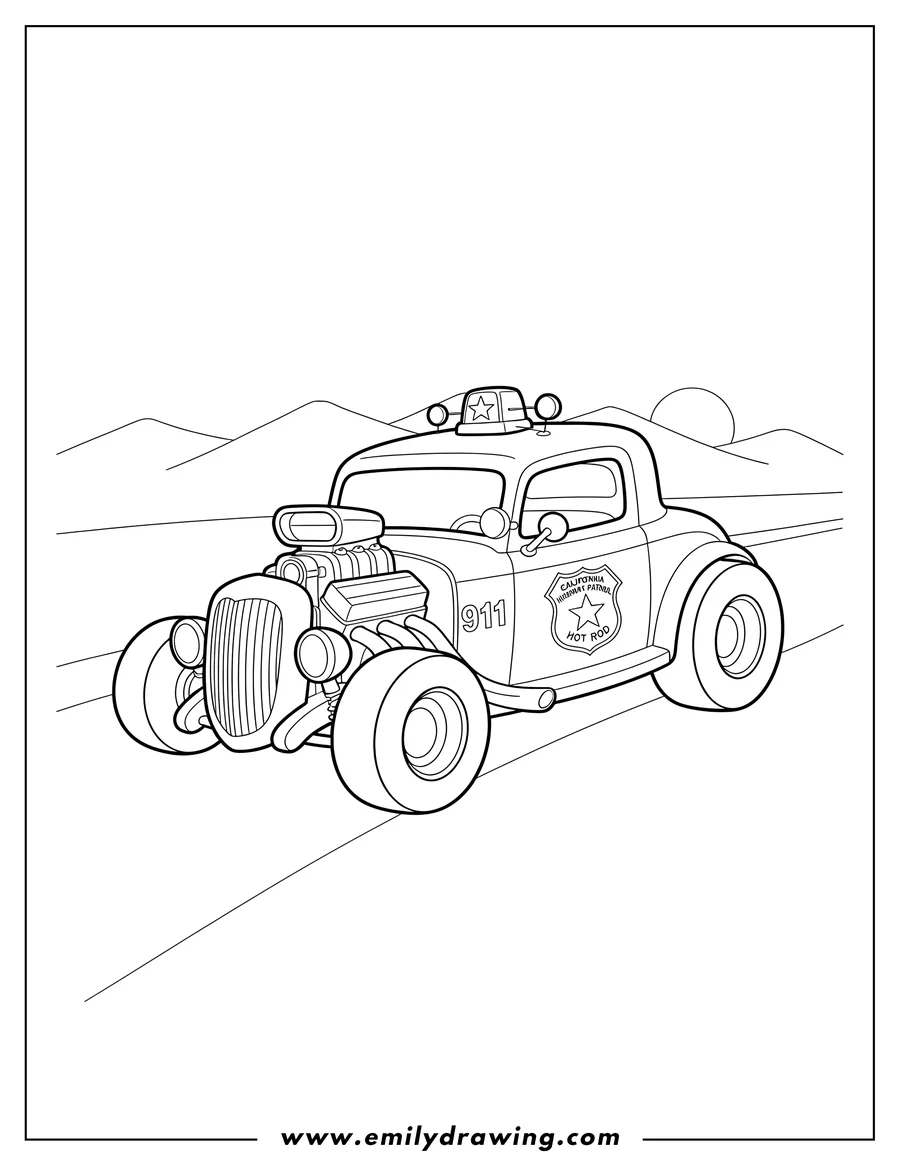Printable line art of hot Rod California Highway Patrol coupe with exposed engine