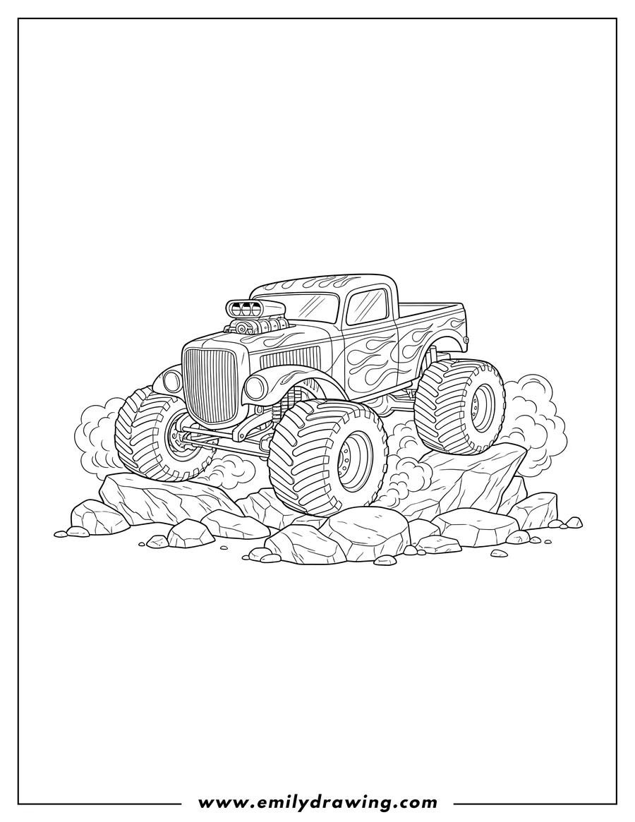 High quality printable hot Rod Monster Truck with a supercharger and flames, driving on rocky terrain for coloring