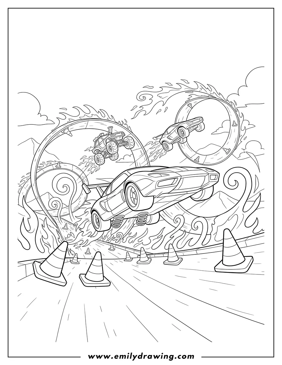 Free printable coloring sheet of hot Wheel Cars Racing Wild Race Track, with cars jumping, traffic cones, and flames