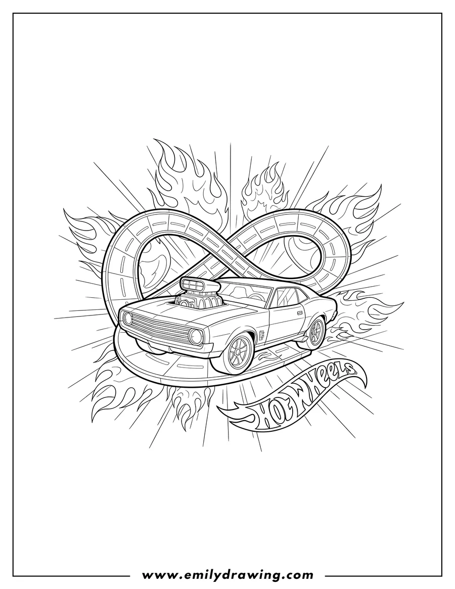High quality printable hot Wheels Infinite Loop Poster, showing a muscle car with an exposed supercharger and the Hot Wheels flame logo for coloring