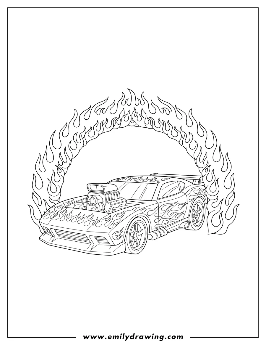 Linear illustration of hot Wheels Rivited Car With Flames Design, with an exposed engine and driving under a large arch of flames