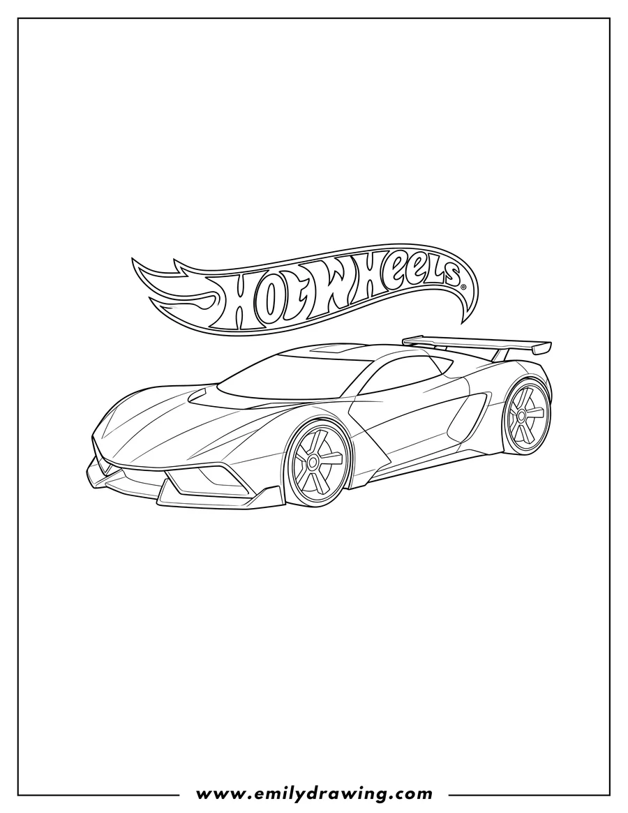 Coloring page of hot Wheels sleek concept car with the Hot Wheels logo above