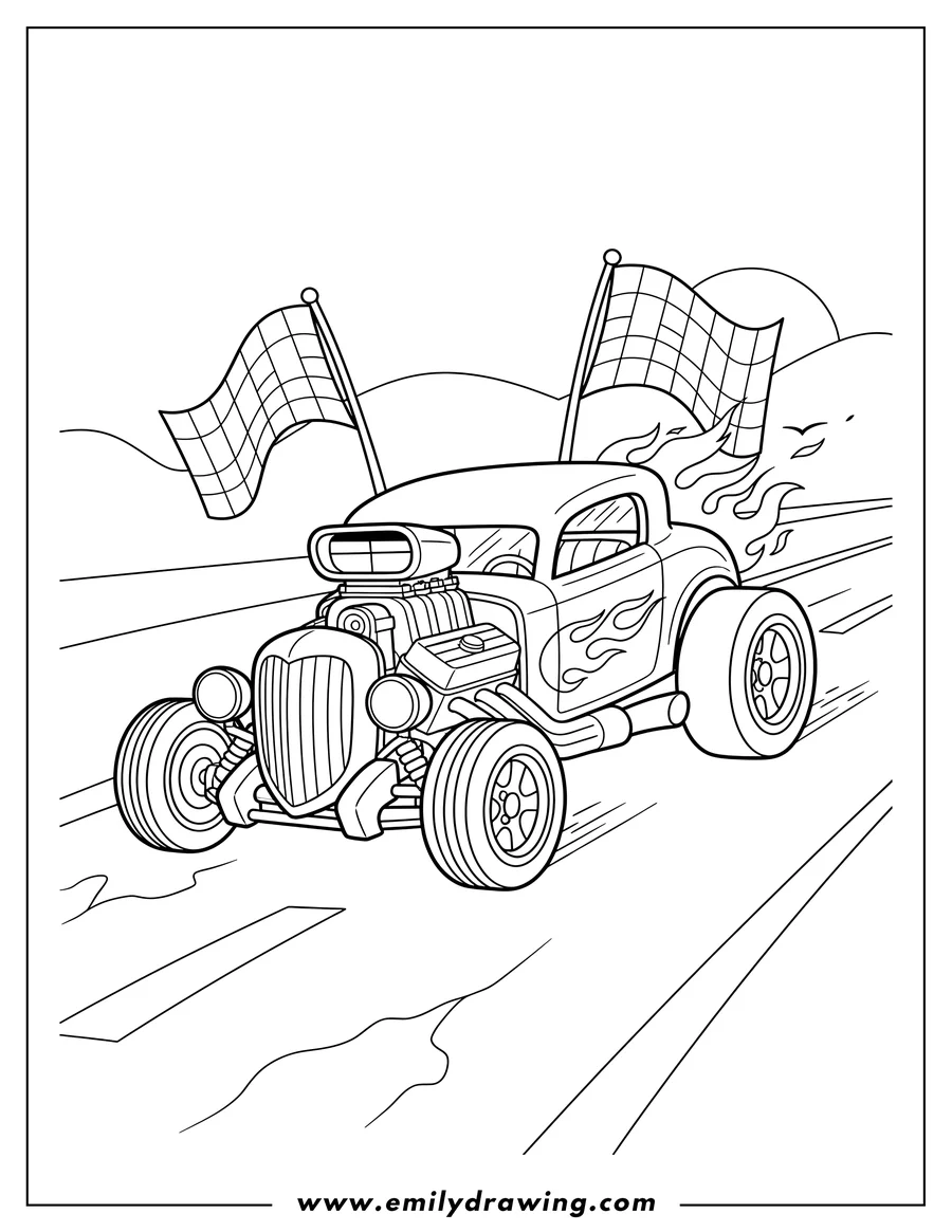 Coloring sheet featuring hot Wheels Thunder Road with Flaming Supercharged Engine and Checkered Flags