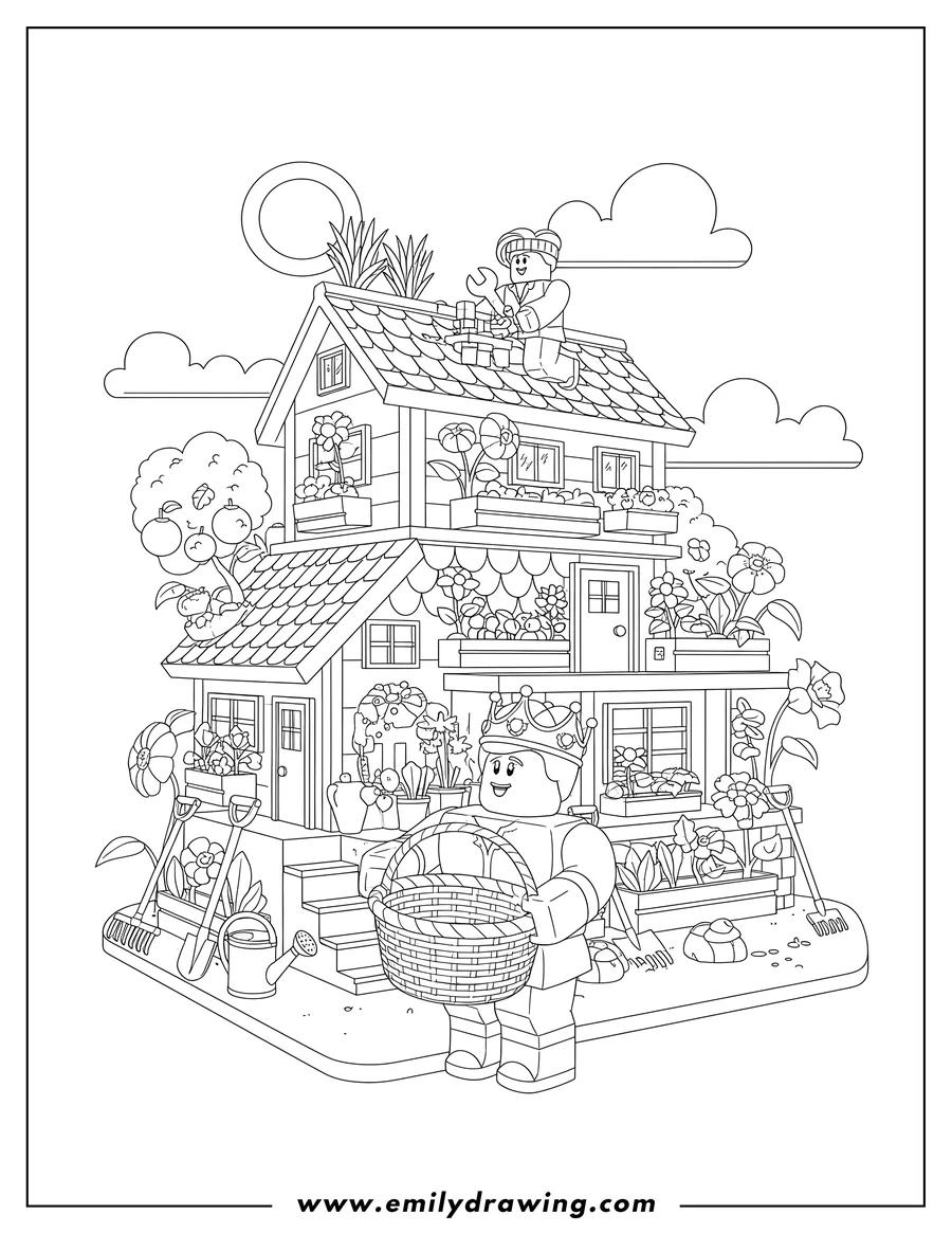 Coloring page of roblox House Gardening Scaled, with a character building on the roof and a crowned character holding a basket