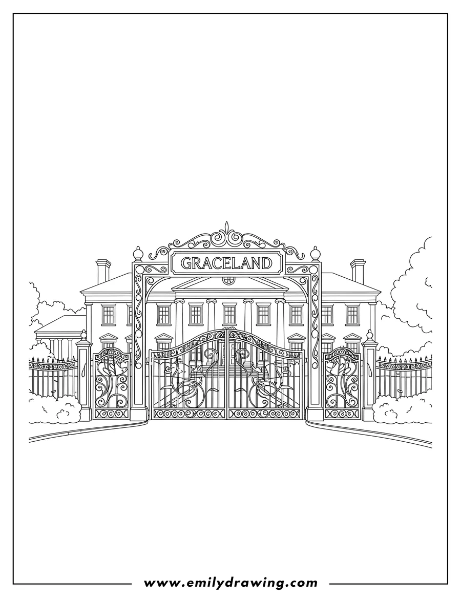 Coloring page for kids: house Elvis Presley Graceland Mansion with ornate front gates and a Graceland sign