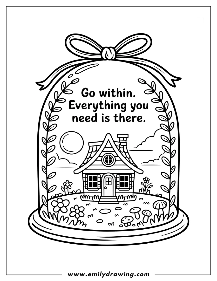 Line art of a small house with a garden, sun, and clouds, all enclosed within a glass terrarium tied with a bow, featuring the quote 'Go within. Everything you need is there.'