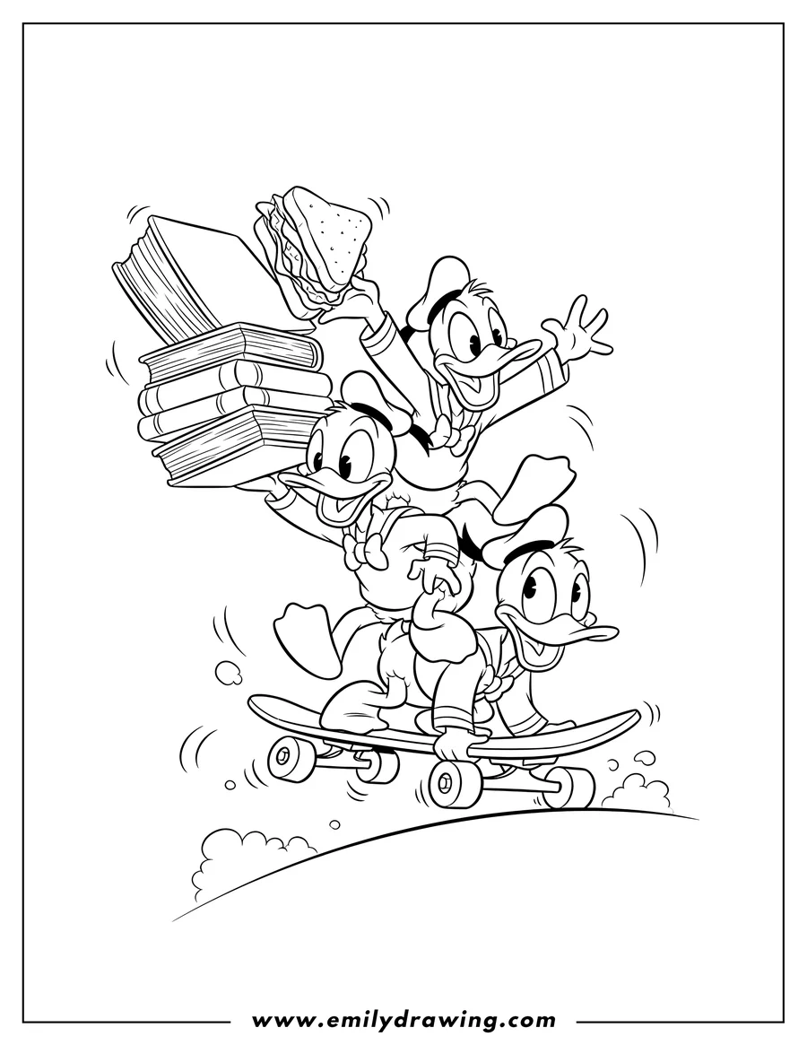 Doodle style coloring picture of huey Louie And Dewey Riding Skateboard, stacked high and looking surprised