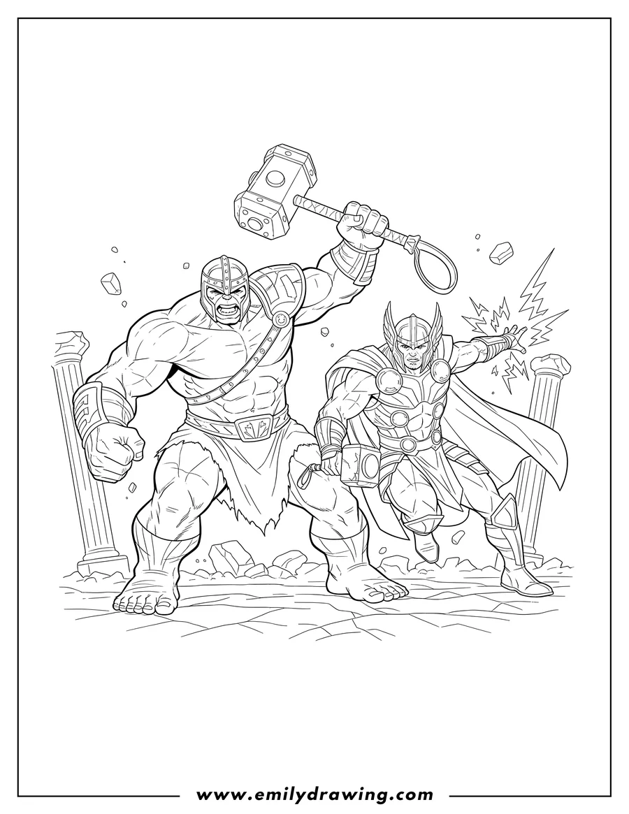 Printable coloring page of hulk and Thor in gladiator armor, in an action pose