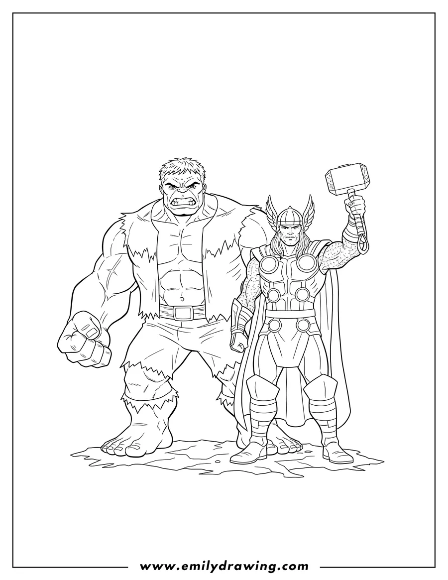 Downloadable coloring page of hulk And Thor Scaled, standing, Hulk with an angry expression, Thor holding Mjolnir