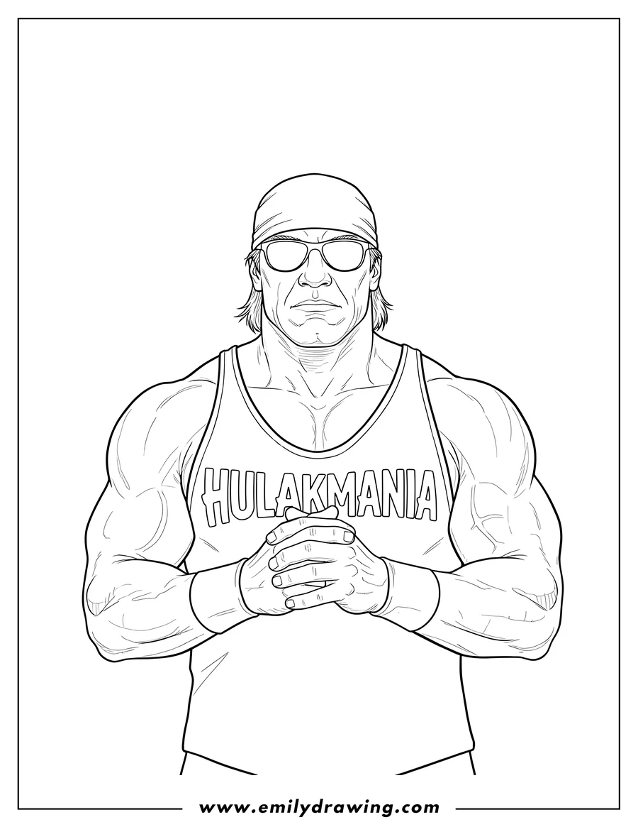 Doodle style coloring picture of hulk Hogan Wwe wearing sunglasses, a 'HULKAMANIA' tank top, and hands clasped