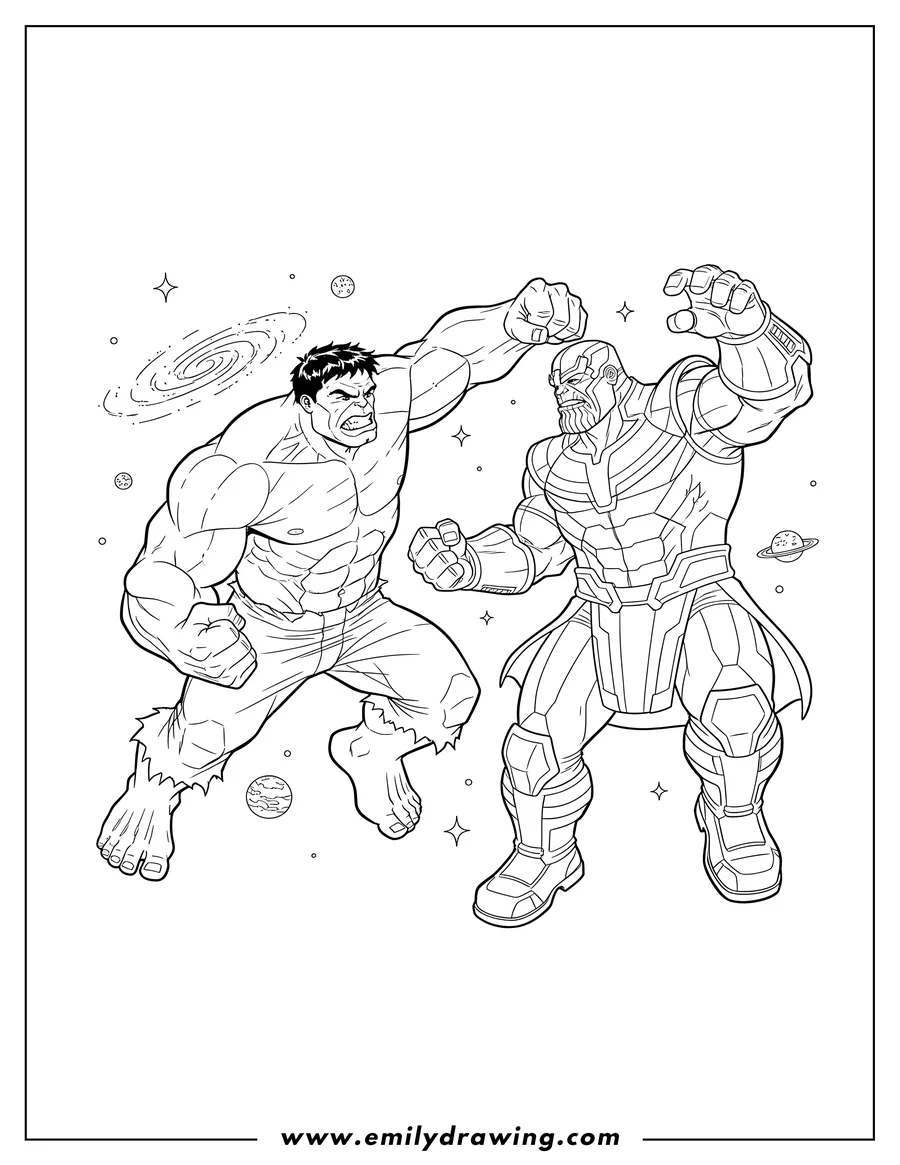Free printable coloring sheet of hulk lunging to punch armored Thanos in outer space