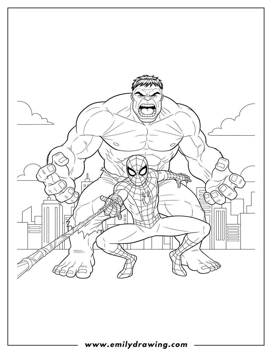 Black and white line art of hulk roaring behind Spider-Man shooting web