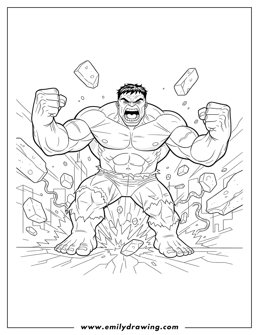 Outline drawing of hulk Smash Scaled, roaring with raised fists and flying debris
