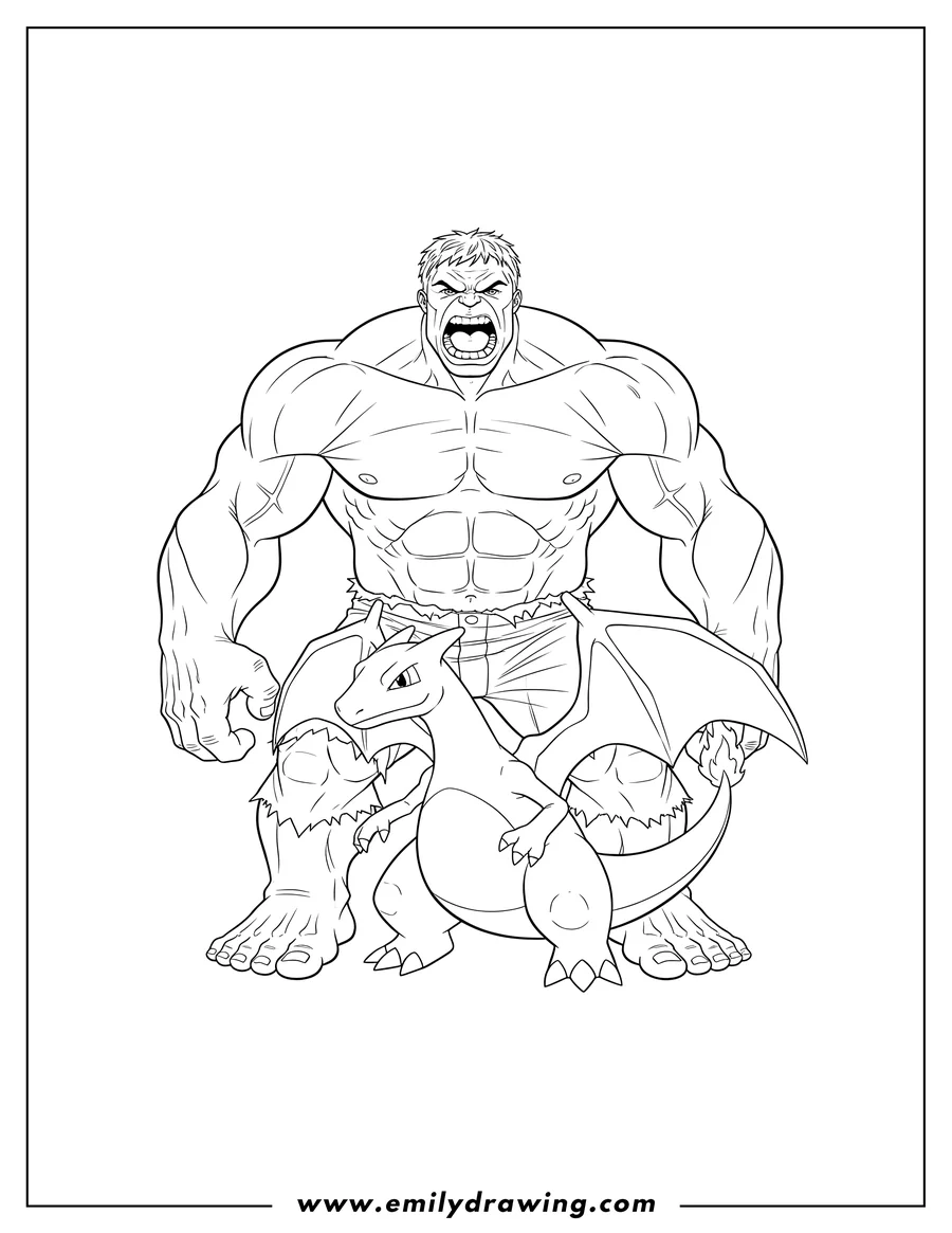 Downloadable coloring page of powerful, roaring Hulk standing behind Charizard, which is looking to the side