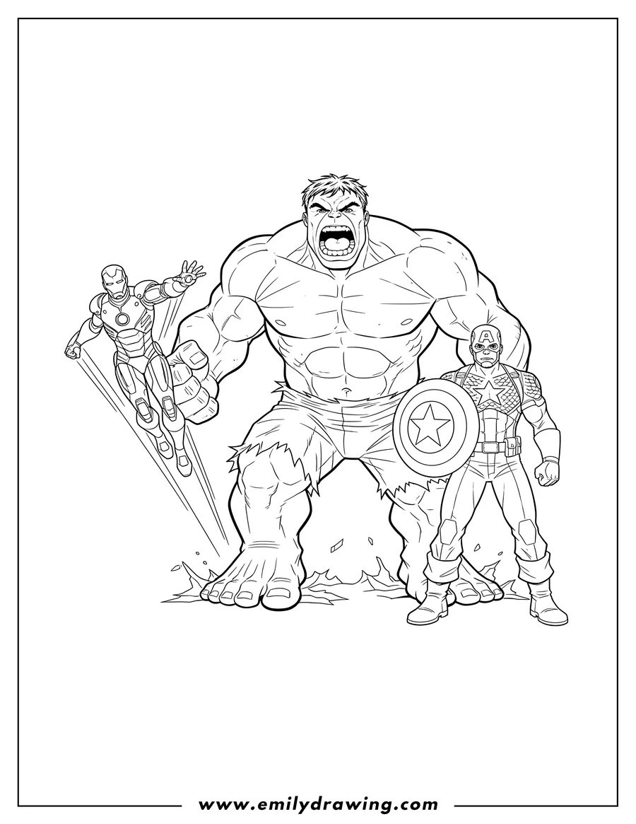 Black and white line art of hulk With Avengers Scaled, Hulk roaring, Iron Man flying, and Captain America with shield