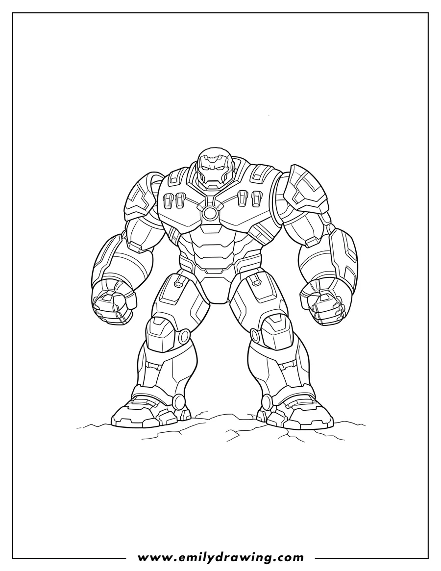 Coloring page of hulkbuster Suit standing with clenched fists
