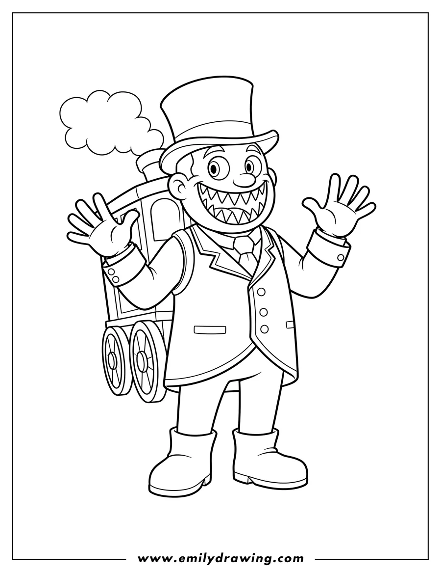 Black and white line art of human Choo Choo Charles in a top hat, with sharp teeth and raised hands