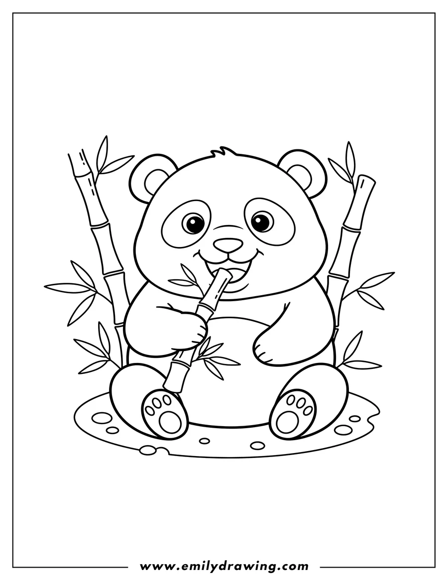 PDF style coloring page: hungry Chibi Panda sitting and chewing bamboo Preschoolers