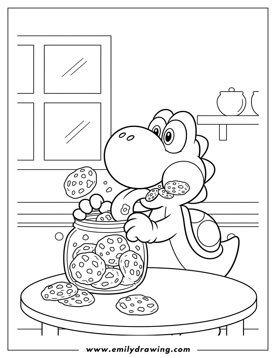 Coloring page for kids: hungry Yoshi grabbing cookies from a cookie jar with his tongue and hands