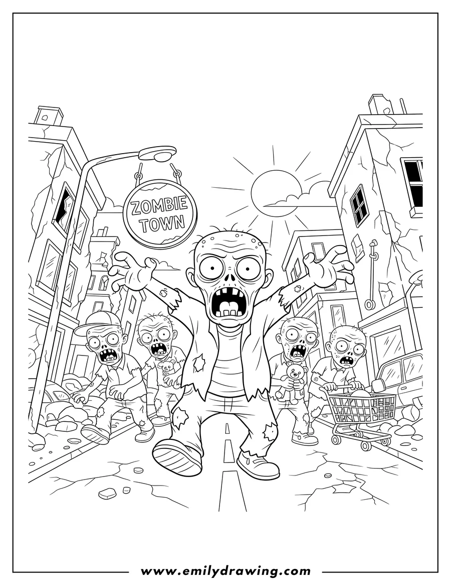 Vector style outline of A horde of hungry zombies lurching forward with open mouths in a post-apocalyptic town