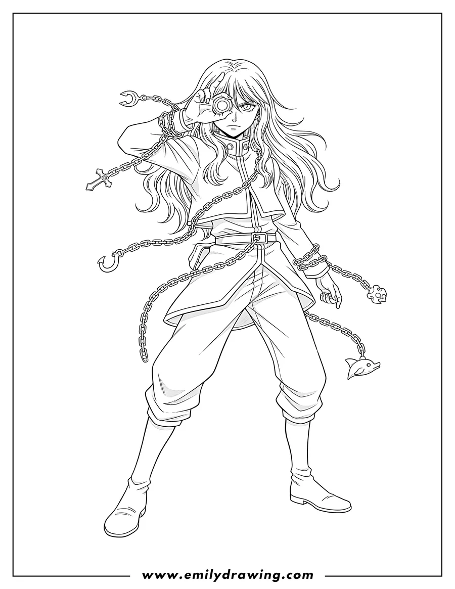 Coloring page of hunter X Hunter Kurapika with chains on his hand, covering his eye