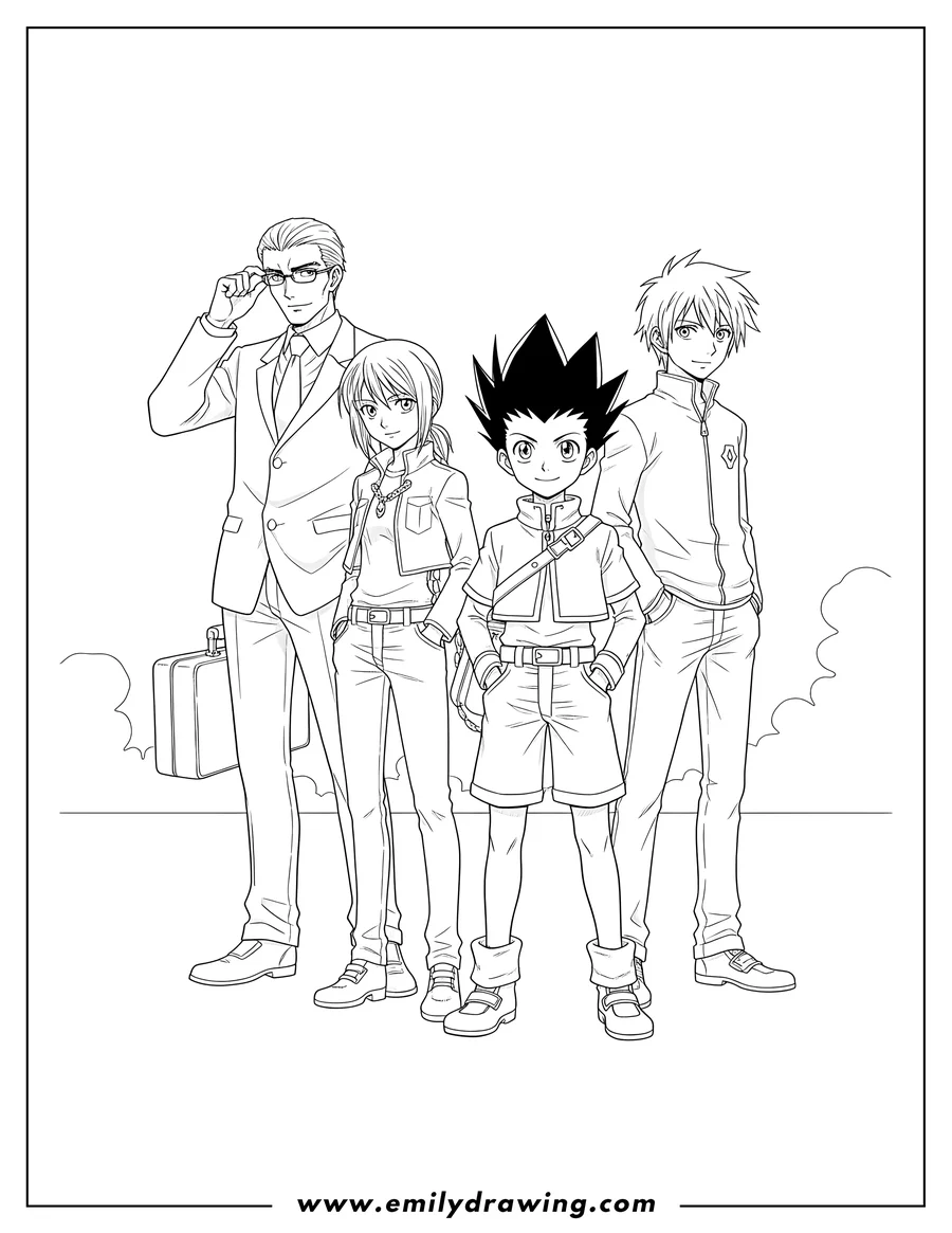 Printable coloring page of hunter X Hunter Gon Killua Kurapika Leorio standing together, Leorio adjusting his glasses