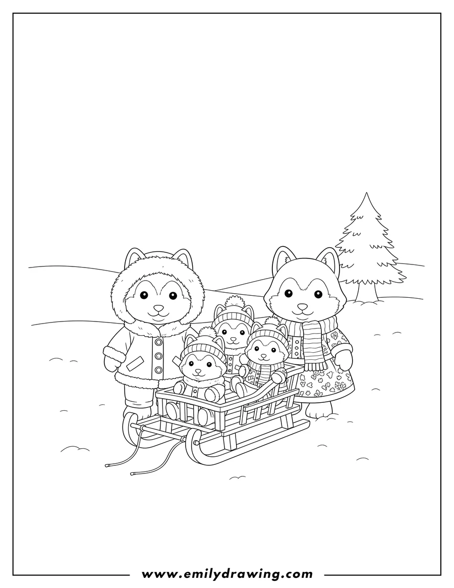 Printable line art of calico Critters Husky Family With Vincent Avril Rae Drake And Nelly, with two adults standing beside three children in a sled