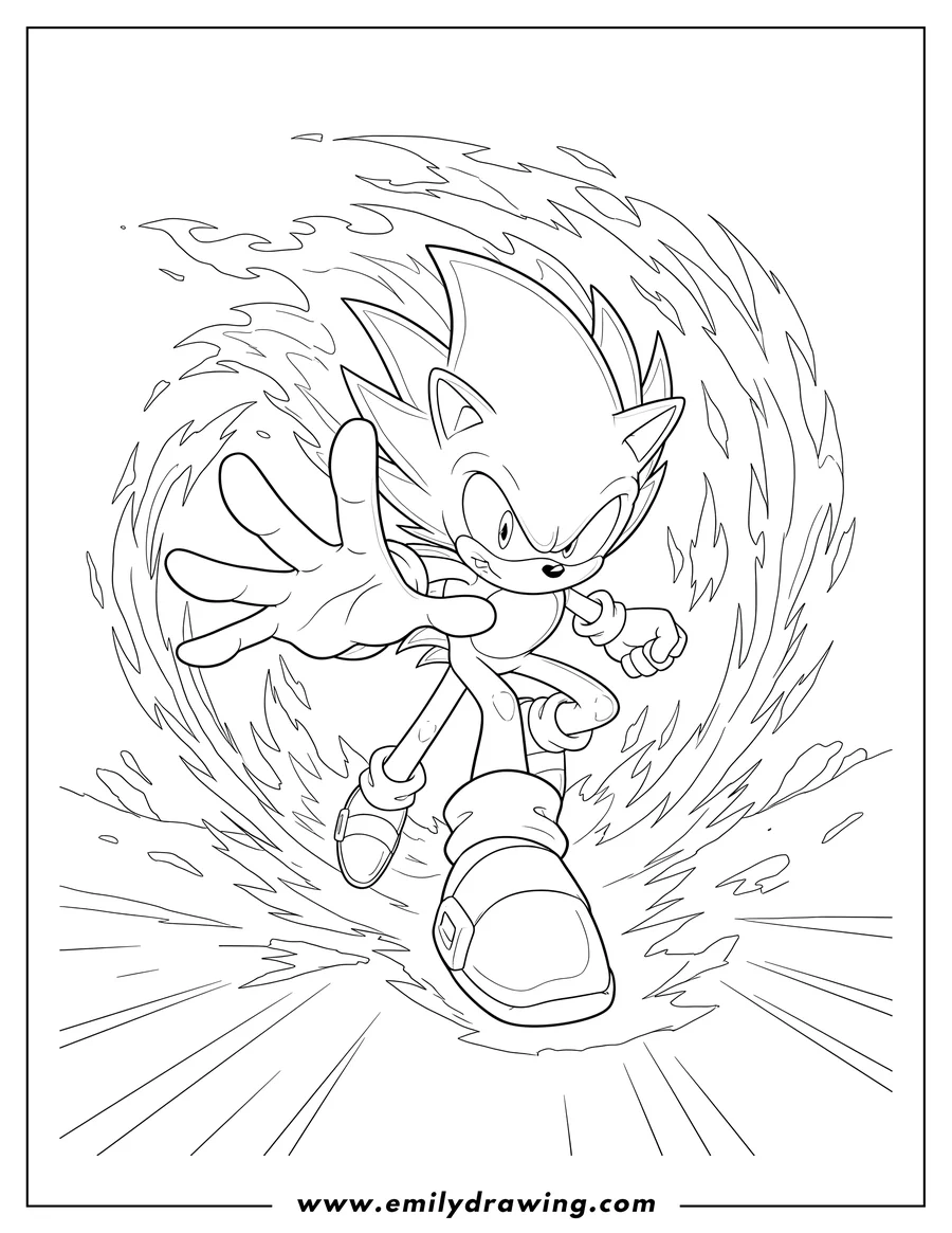 Simple sketch of hyper Sonic Attack Amplification, lunging forward with an outstretched hand and swirling energy to color