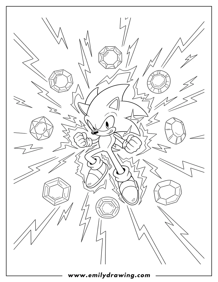 Outline drawing of hyper Sonic charging energy with floating Super Emeralds and lightning bolts