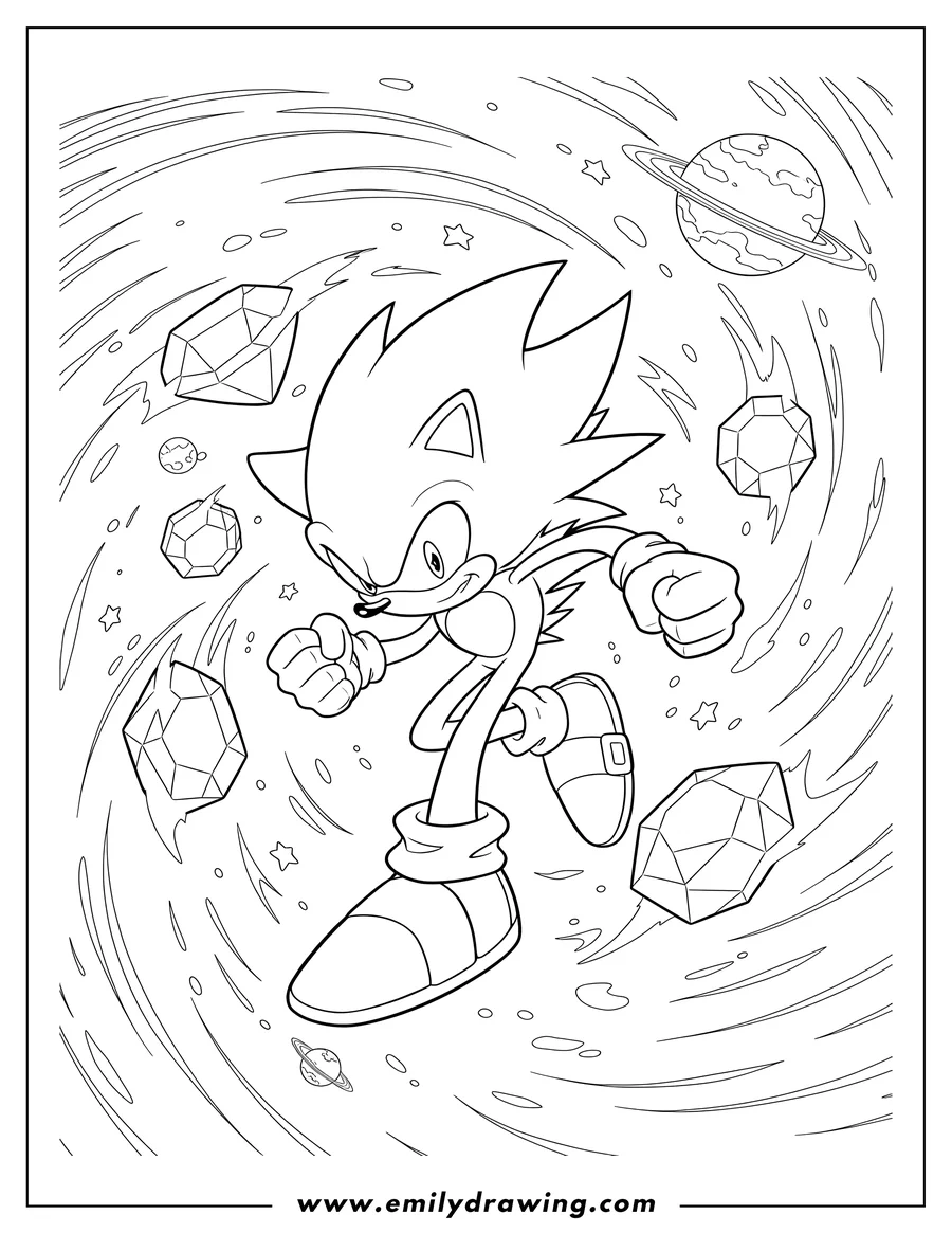 Coloring page for kids: hyper Sonic dashing with clenched fists among Chaos Emeralds in outer space