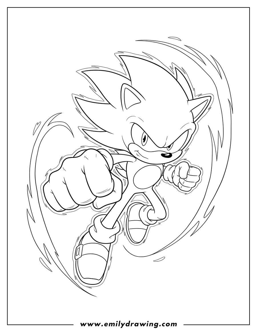 Coloring page of hyper Sonic flying forward with a determined expression, one fist out
