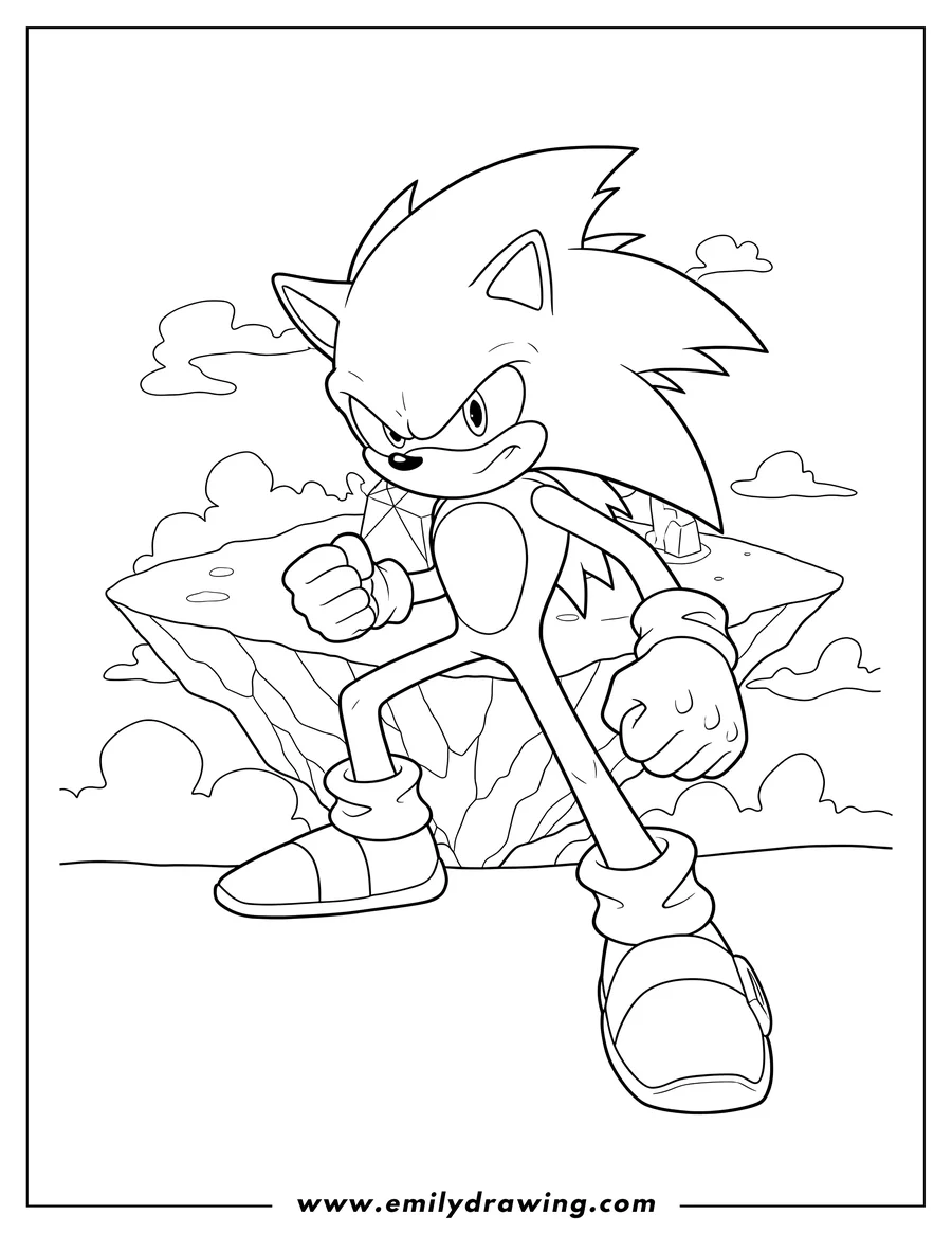 Coloring sheet featuring hyper Sonic, movie style, with a serious expression, ready for action on Angel Island
