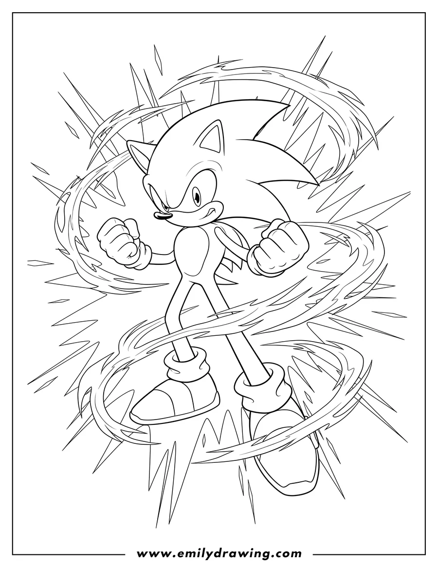 Simple sketch of hyper Sonic Video Game, standing with an aura of energy and clenched fists in a dynamic pose to color
