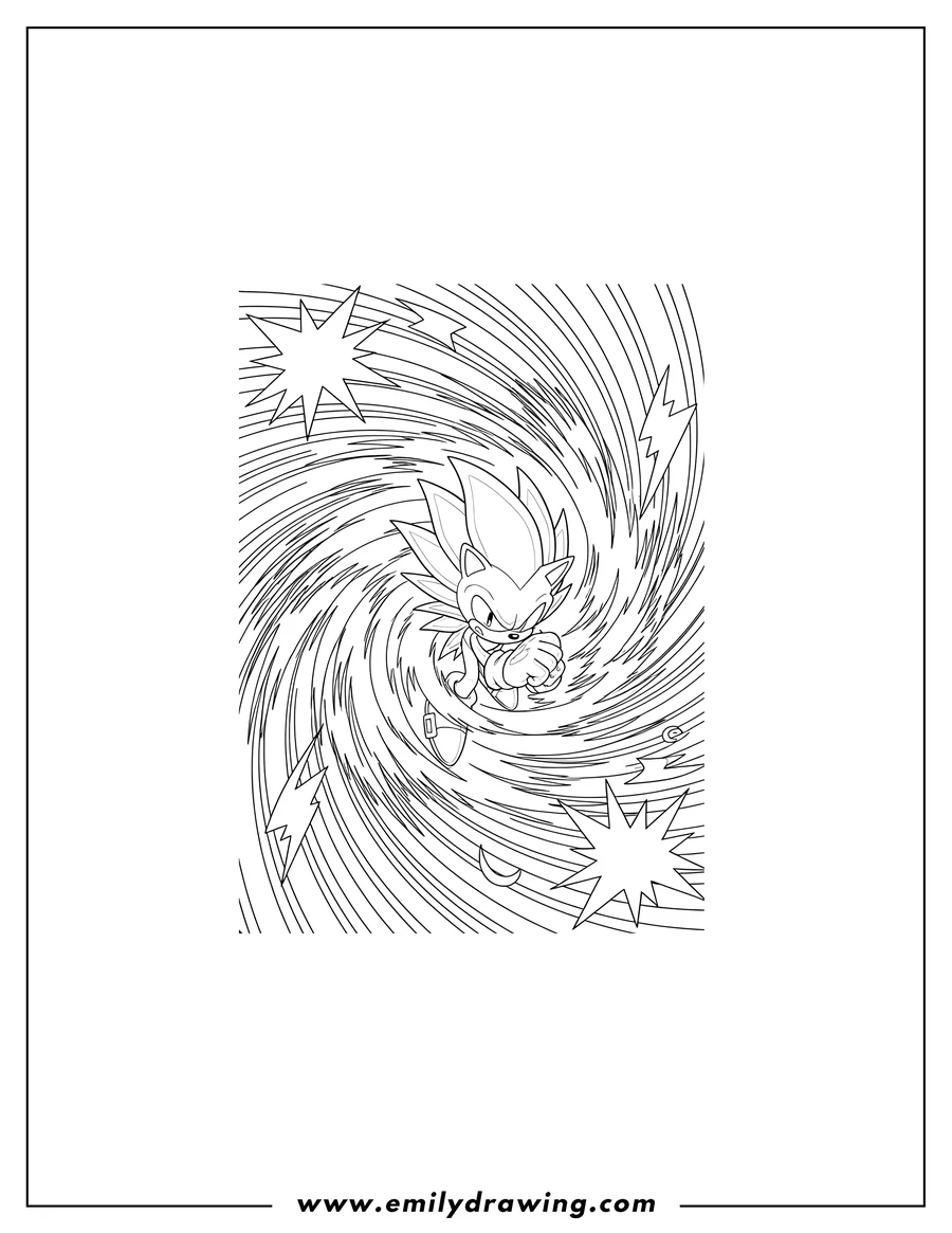 Linear illustration of hyper Sonic Ultimate Spin Dash Playing Card, depicted in motion with speed lines, line art for coloring