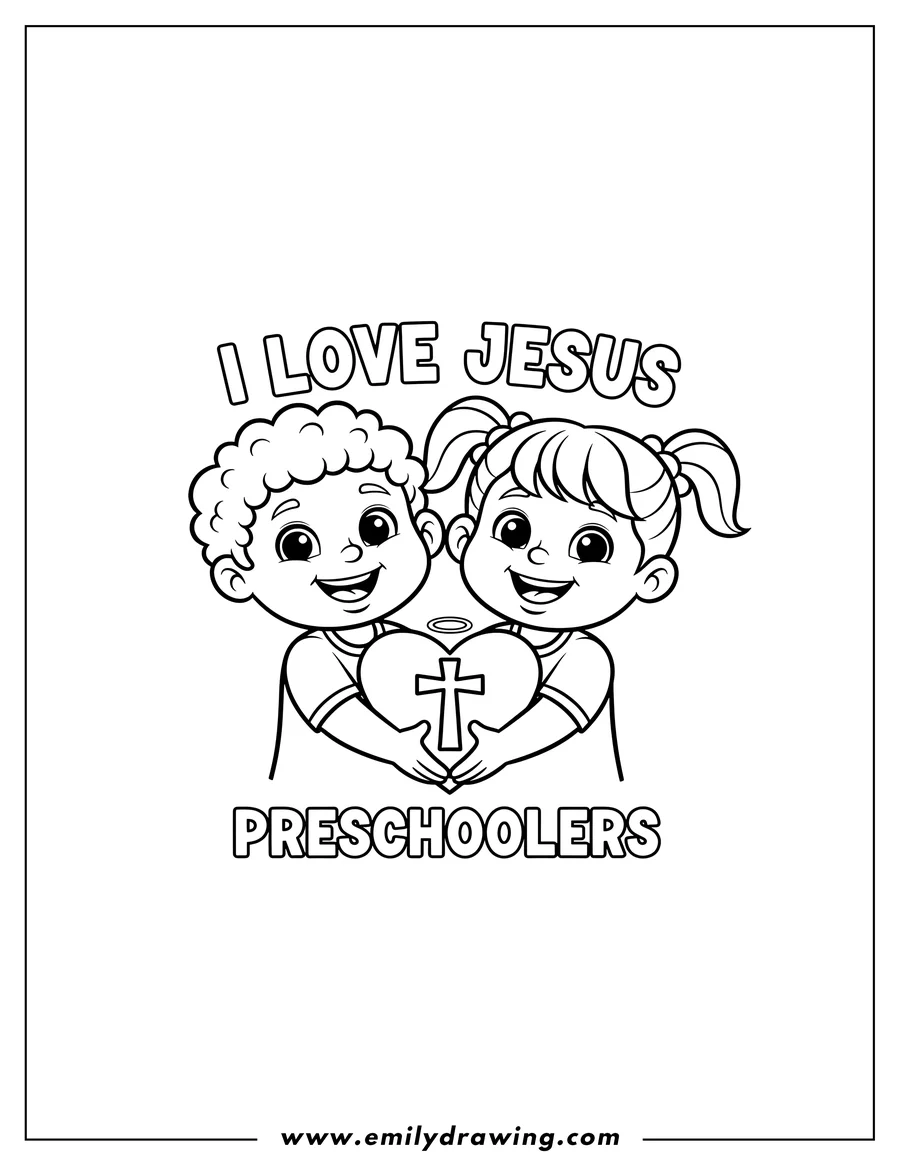 Coloring page for kids: I Love Jesus Preschoolers Scaled, showing two hands forming a heart shape around a cross