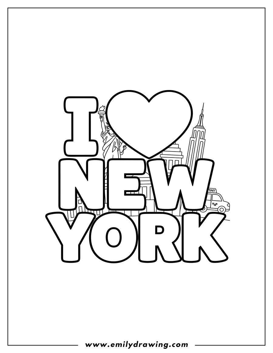 Black and white line art of I Love New York block letters and heart coloring page