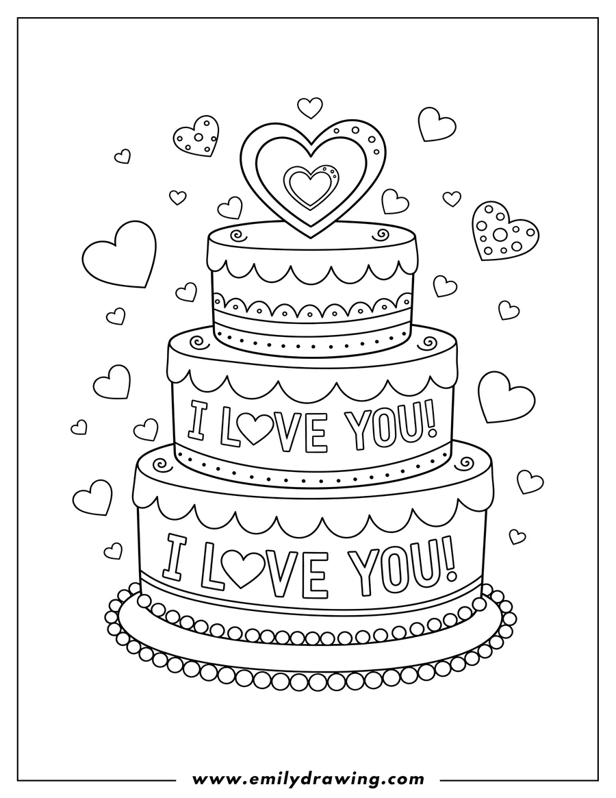Printable line art of I Love You Cake with I LOVE YOU! text, pearl border, and hearts