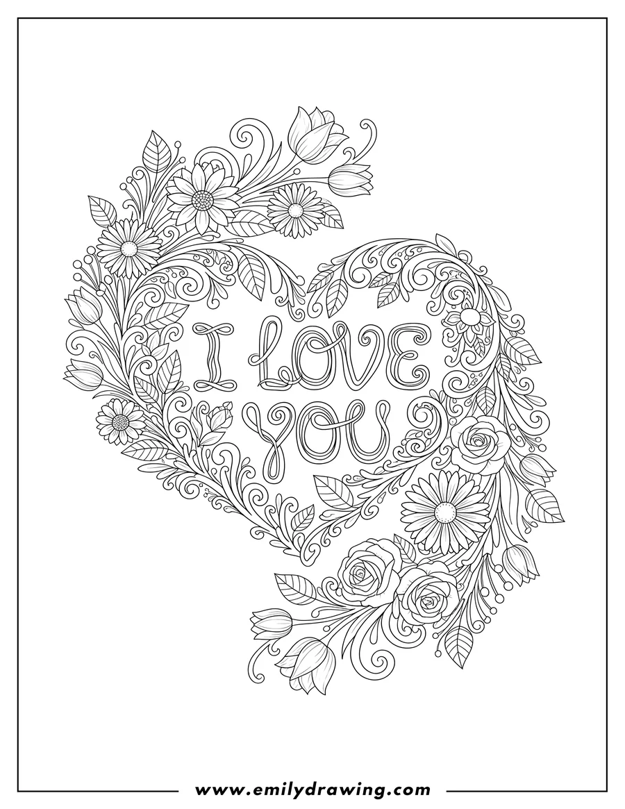 Simple sketch of I Love You Heart With Detailed Design and floral borders to color