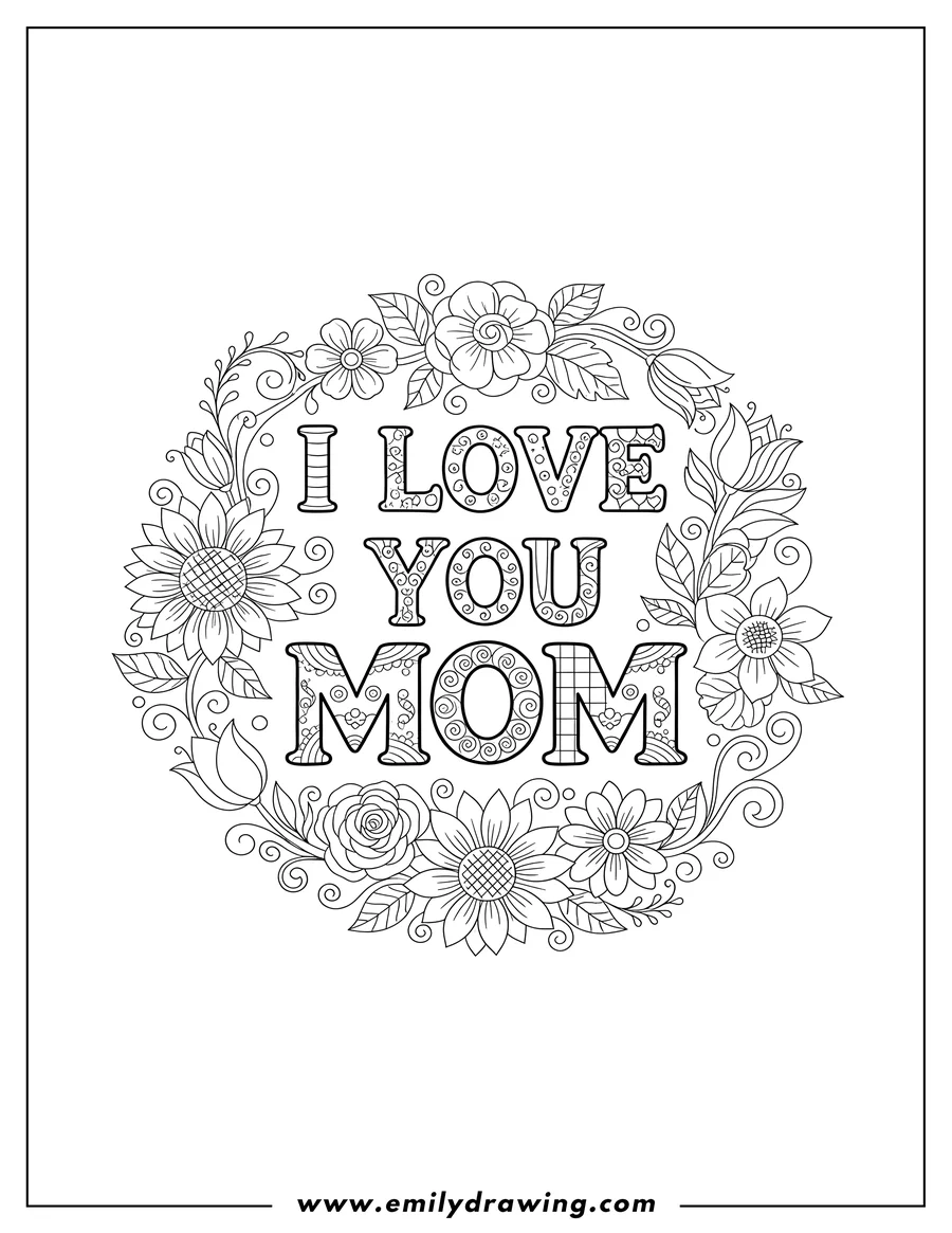 Printable coloring page of I Love You Mom phrase in decorative, patterned letters, surrounded by ornate flowers and leaves