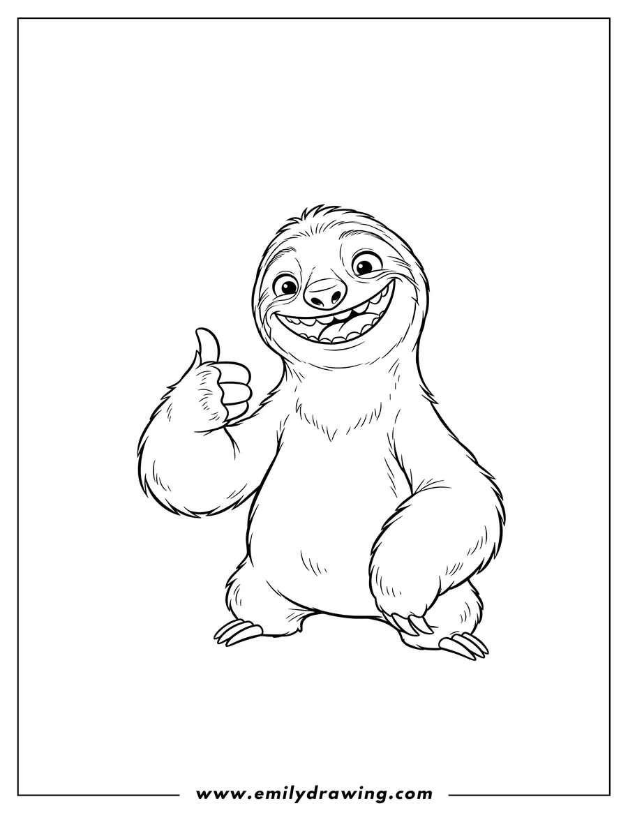 Outline drawing of ice Age Disney, Sid the Sloth smiling and giving a thumbs up